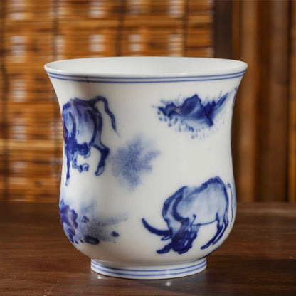 Guanfu Museum Blue and White Four Cattle Zunjiu Tea Cup Pen Holder Vase Jingdezhen Ceramic Large Capacity Creative Multi-Purpose