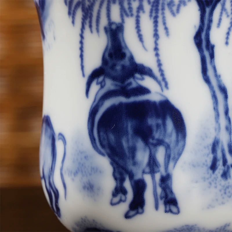 Guanfu Museum Blue and White Four Cattle Zunjiu Tea Cup Pen Holder Vase Jingdezhen Ceramic Large Capacity Creative Multi-Purpose