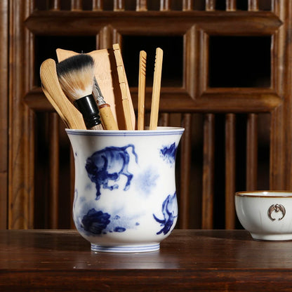 Guanfu Museum Blue and White Four Cattle Zunjiu Tea Cup Pen Holder Vase Jingdezhen Ceramic Large Capacity Creative Multi-Purpose