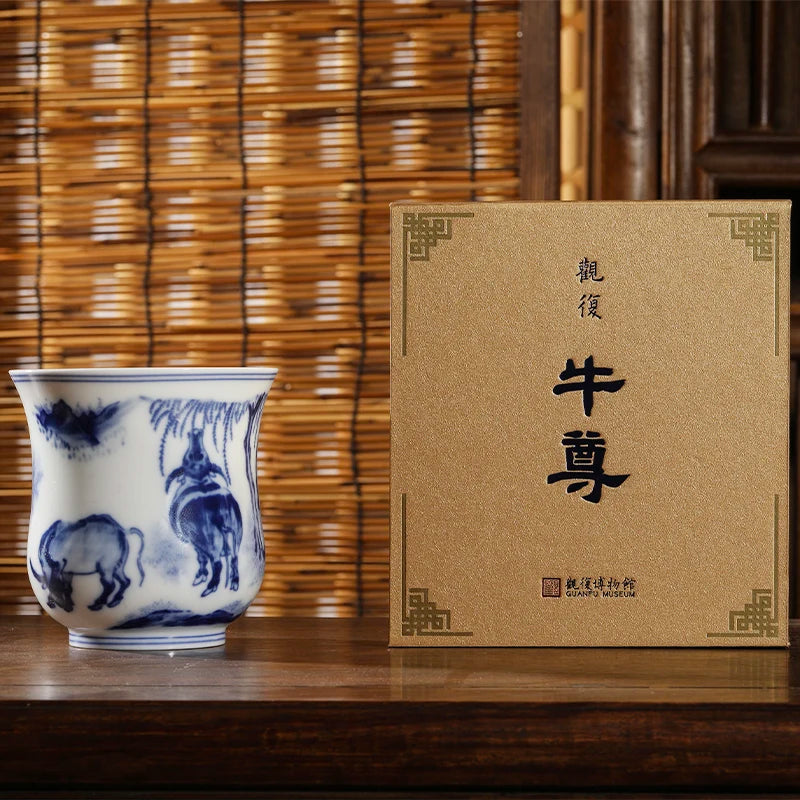 Guanfu Museum Blue and White Four Cattle Zunjiu Tea Cup Pen Holder Vase Jingdezhen Ceramic Large Capacity Creative Multi-Purpose