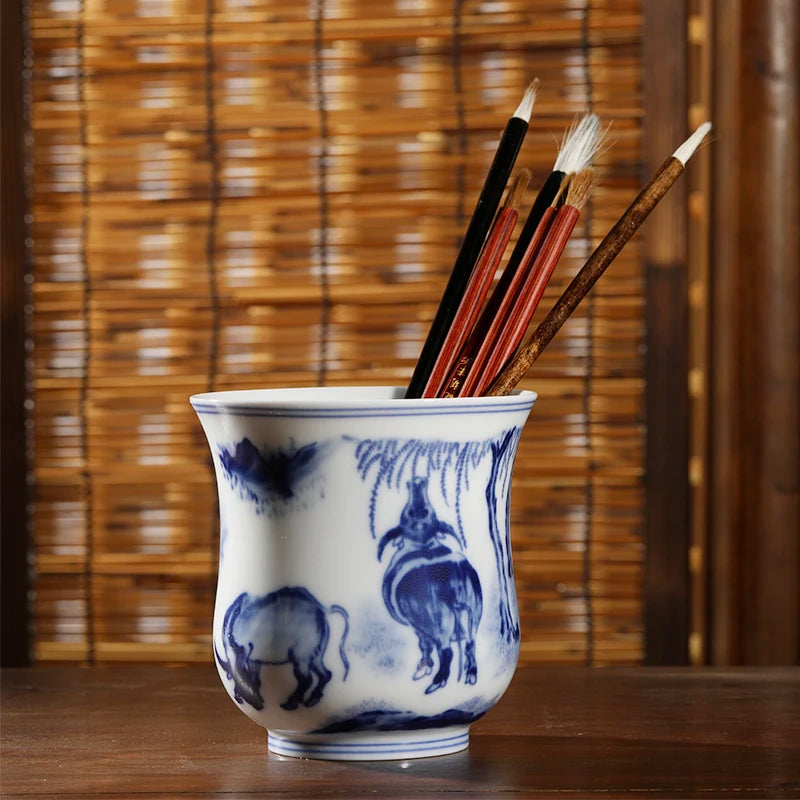 Guanfu Museum Blue and White Four Cattle Zunjiu Tea Cup Pen Holder Vase Jingdezhen Ceramic Large Capacity Creative Multi-Purpose