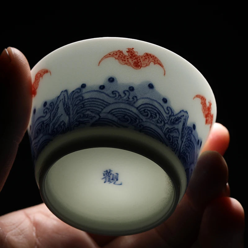 Guanfu Museum Fushan Shouhai Master Cup Jingdezhen High Temperature Firing Egg-Shell Porcelain Hand Painted Blue and White Glaze
