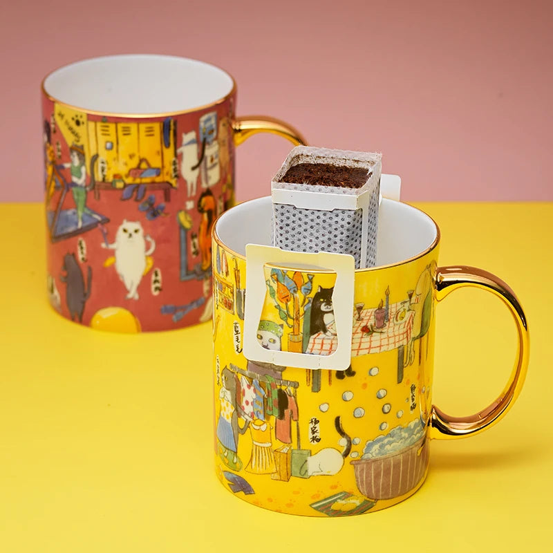 Guanfu Museum Guanfu Cat City Creative Hand-Painted Series Illustration Mug Cute Ceramic Coffee Milk and Tea Cups Large Capacity