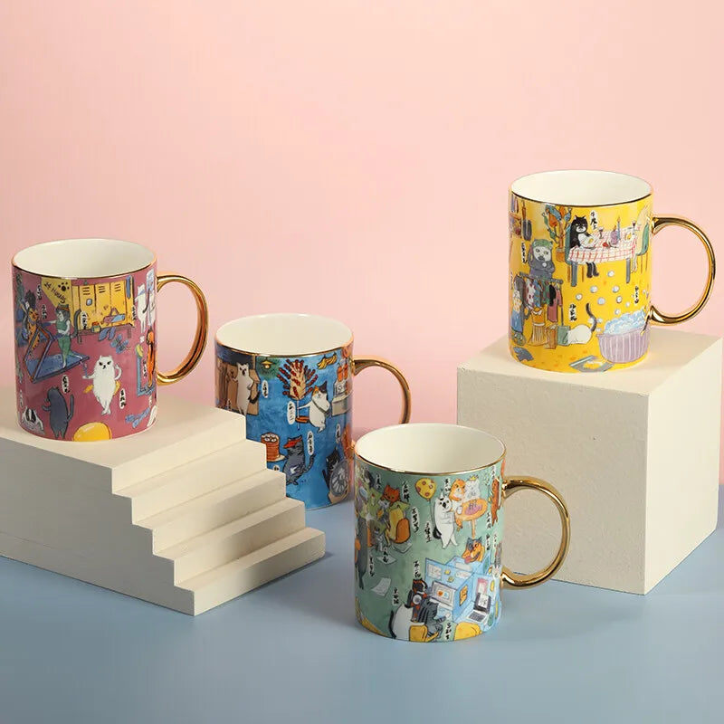 Guanfu Museum Guanfu Cat City Creative Hand-Painted Series Illustration Mug Cute Ceramic Coffee Milk and Tea Cups Large Capacity