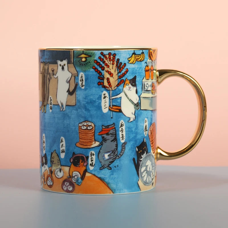 Guanfu Museum Guanfu Cat City Creative Hand-Painted Series Illustration Mug Cute Ceramic Coffee Milk and Tea Cups Large Capacity