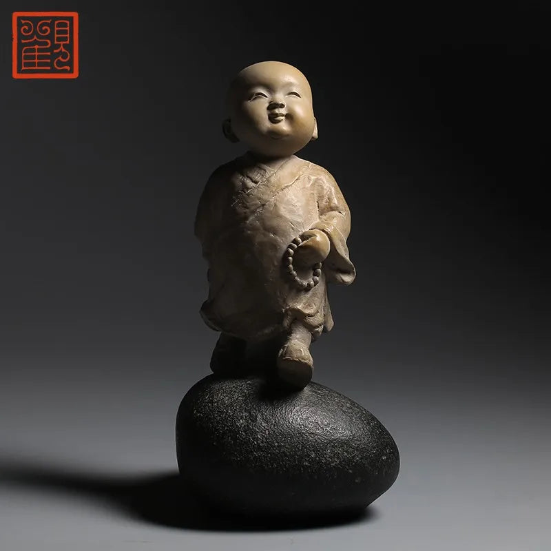 Guanfu Museum Happy Samanera Iron Pill Stone Plastic Decoration Crafts Study Living Room Antique Shelf Festival Gift Packing Cur