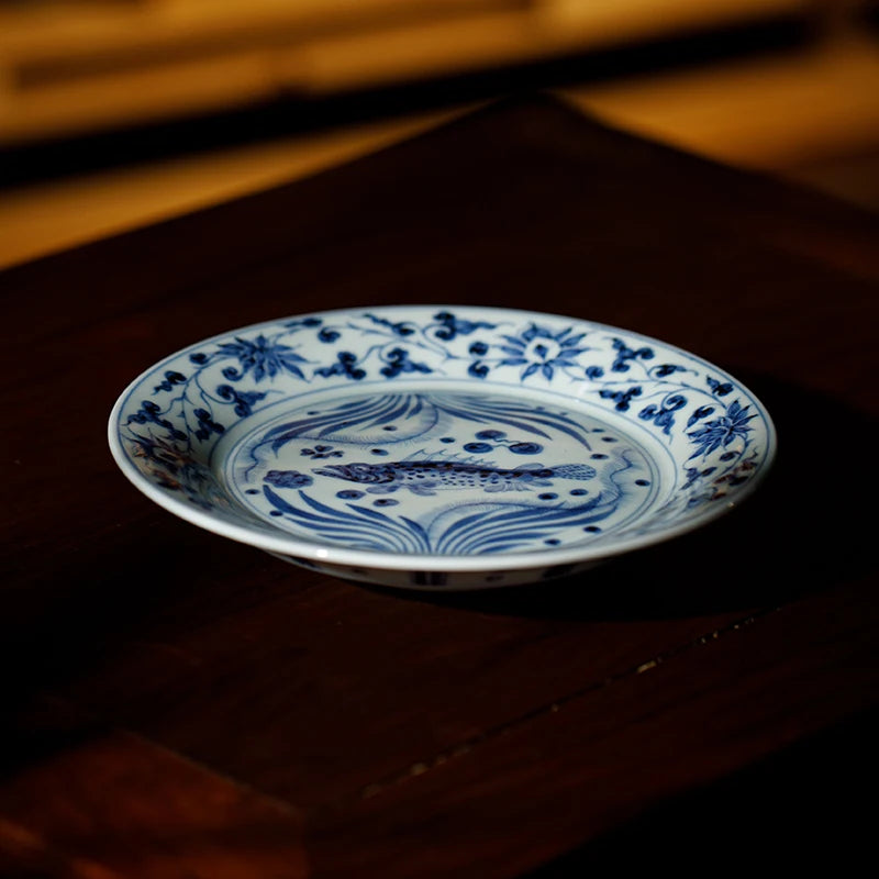 Guanfu Museum Imitation Blue and White Fish and Algae Pattern, Lotus Leaf Mandarin Duck, Bamboo Leaf Banana Decorative Plate Wai