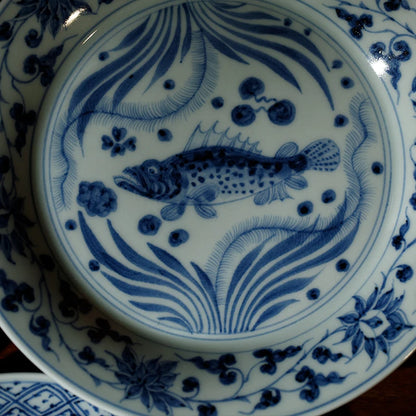 Guanfu Museum Imitation Blue and White Fish and Algae Pattern, Lotus Leaf Mandarin Duck, Bamboo Leaf Banana Decorative Plate Wai