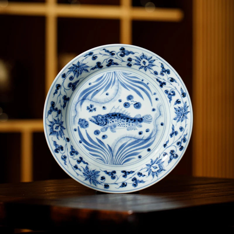 Guanfu Museum Imitation Blue and White Fish and Algae Pattern, Lotus Leaf Mandarin Duck, Bamboo Leaf Banana Decorative Plate Wai