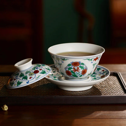 Guanfu Museum Imitation Mingcheng Fighting Color Chrysanthemum Pattern Sancai Gaiwan Tea Cup Master Cup Jingdezhen Tea Set Hand-
