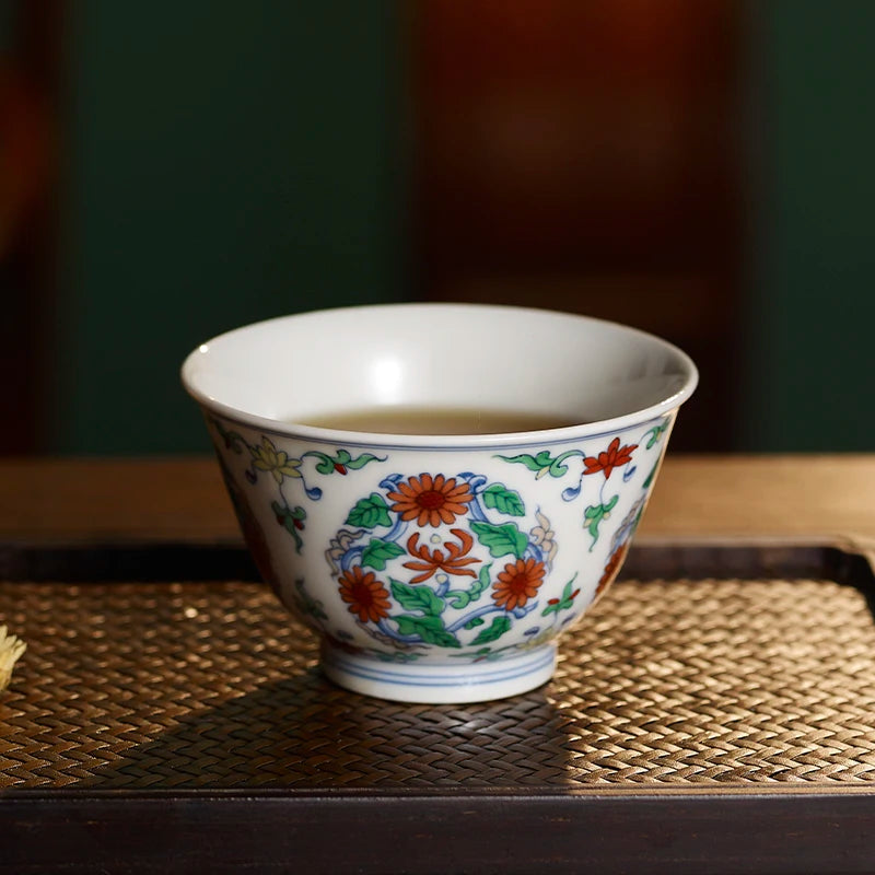 Guanfu Museum Imitation Mingcheng Fighting Color Chrysanthemum Pattern Sancai Gaiwan Tea Cup Master Cup Jingdezhen Tea Set Hand-