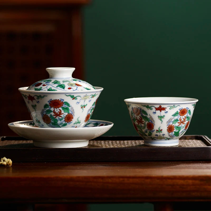 Guanfu Museum Imitation Mingcheng Fighting Color Chrysanthemum Pattern Sancai Gaiwan Tea Cup Master Cup Jingdezhen Tea Set Hand-