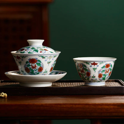 Guanfu Museum Imitation Mingcheng Fighting Color Chrysanthemum Pattern Sancai Gaiwan Tea Cup Master Cup Jingdezhen Tea Set Hand-