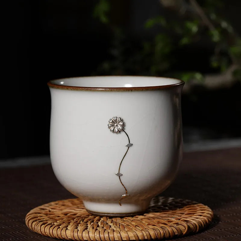 Guanfu Museum Imitation Ruglaze Silver Nail Porcelain Tea Cup Jingdezhen Tea Handmade Porcelain Cup Tea Set Gracked Glaze Suppor