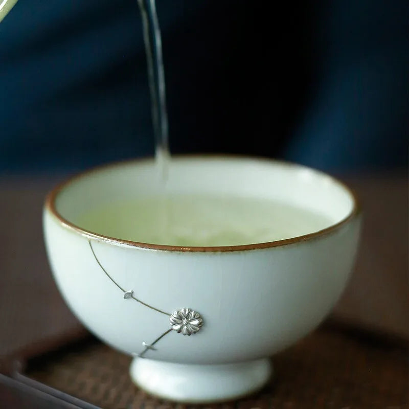 Guanfu Museum Imitation Ruglaze Silver Nail Porcelain Tea Cup Jingdezhen Tea Handmade Porcelain Cup Tea Set Gracked Glaze Suppor