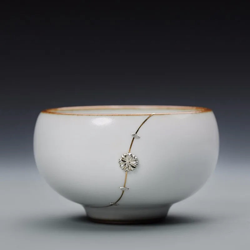 Guanfu Museum Imitation Ruglaze Silver Nail Porcelain Tea Cup Jingdezhen Tea Handmade Porcelain Cup Tea Set Gracked Glaze Suppor