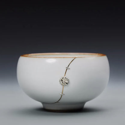 Guanfu Museum Imitation Ruglaze Silver Nail Porcelain Tea Cup Jingdezhen Tea Handmade Porcelain Cup Tea Set Gracked Glaze Suppor