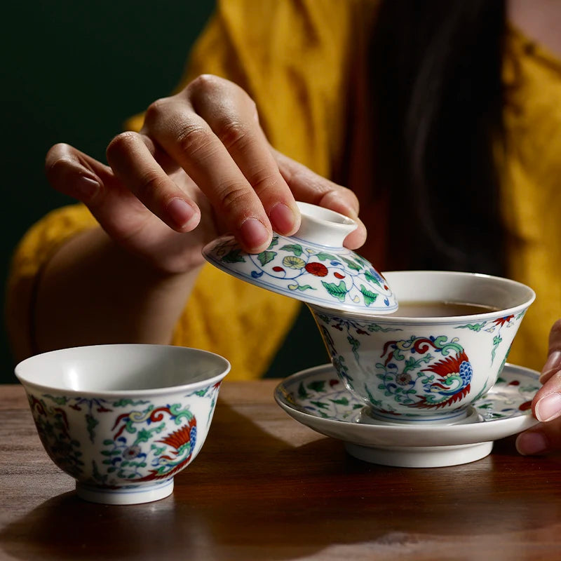 Guanfu Museum Imitation of Ming Dynasty Chenghua Doucai Group Phoenix Pattern Cover Teacup Master Cup Jingdezhen Tea Set Hand-Pa