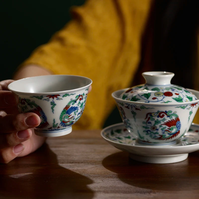 Guanfu Museum Imitation of Ming Dynasty Chenghua Doucai Group Phoenix Pattern Cover Teacup Master Cup Jingdezhen Tea Set Hand-Pa