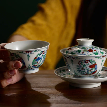 Guanfu Museum Imitation of Ming Dynasty Chenghua Doucai Group Phoenix Pattern Cover Teacup Master Cup Jingdezhen Tea Set Hand-Pa