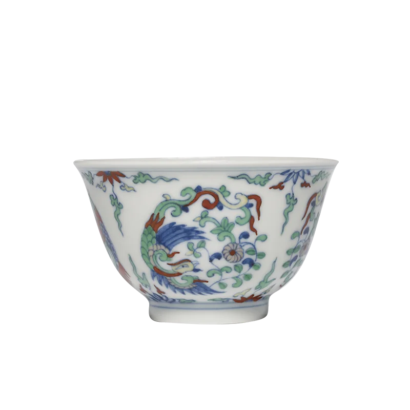Guanfu Museum Imitation of Ming Dynasty Chenghua Doucai Group Phoenix Pattern Cover Teacup Master Cup Jingdezhen Tea Set Hand-Pa