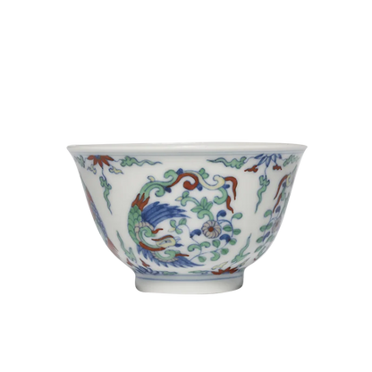 Guanfu Museum Imitation of Ming Dynasty Chenghua Doucai Group Phoenix Pattern Cover Teacup Master Cup Jingdezhen Tea Set Hand-Pa
