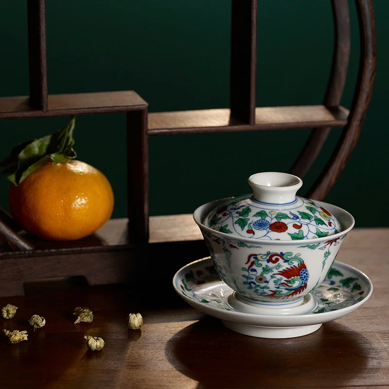 Guanfu Museum Imitation of Ming Dynasty Chenghua Doucai Group Phoenix Pattern Cover Teacup Master Cup Jingdezhen Tea Set Hand-Pa