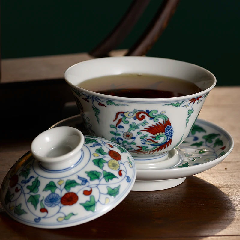 Guanfu Museum Imitation of Ming Dynasty Chenghua Doucai Group Phoenix Pattern Cover Teacup Master Cup Jingdezhen Tea Set Hand-Pa