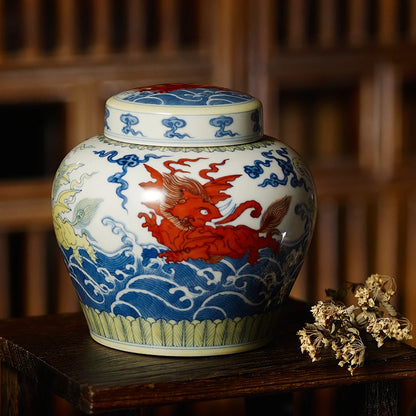 Guanfu Museum Imitation of Ming Dynasty Formed Color Fighting Sea Animal Pattern Temple Jar Jingdezhen Porcelain Hand-Painted Fi