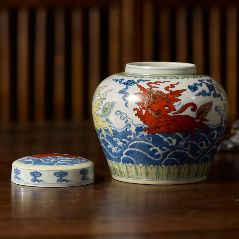 Guanfu Museum Imitation of Ming Dynasty Formed Color Fighting Sea Animal Pattern Temple Jar Jingdezhen Porcelain Hand-Painted Fi