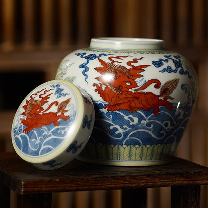 Guanfu Museum Imitation of Ming Dynasty Formed Color Fighting Sea Animal Pattern Temple Jar Jingdezhen Porcelain Hand-Painted Fi