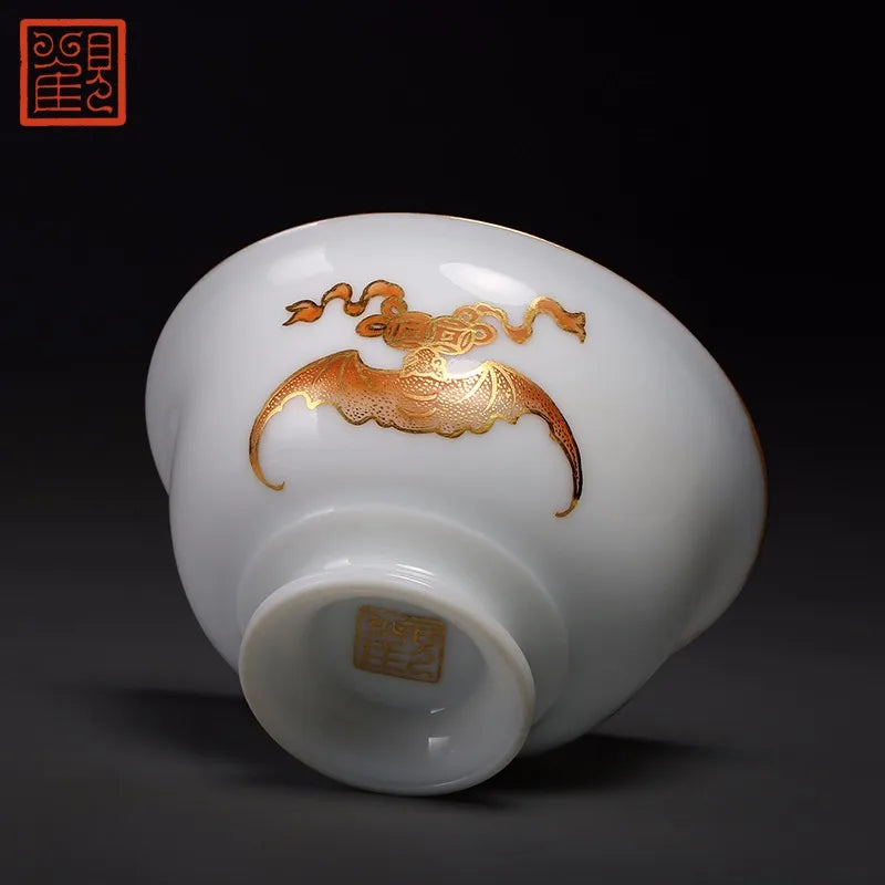 Guanfu Museum Jingdezhen Tea Set Blessing Within Sight Couple Cups Manual Painting Golden Hand Painted Alum Red Color Tea Cup Ku