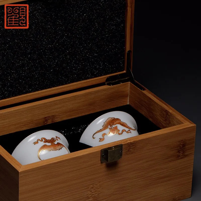 Guanfu Museum Jingdezhen Tea Set Blessing Within Sight Couple Cups Manual Painting Golden Hand Painted Alum Red Color Tea Cup Ku