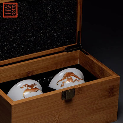 Guanfu Museum Jingdezhen Tea Set Blessing Within Sight Couple Cups Manual Painting Golden Hand Painted Alum Red Color Tea Cup Ku