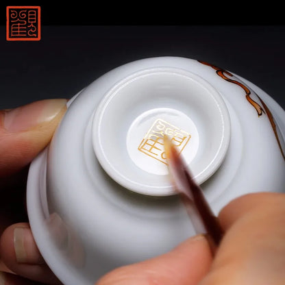 Guanfu Museum Jingdezhen Tea Set Blessing Within Sight Couple Cups Manual Painting Golden Hand Painted Alum Red Color Tea Cup Ku