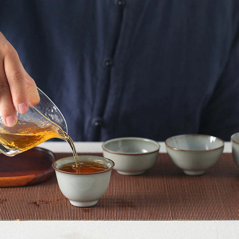 Guanfu Museum Longquan Official Glaze Tea Master Cup Purple Mouth Iron Foot Enameled Cast Iron Thick Pu'er Ice Crack Tea Bowl Gr