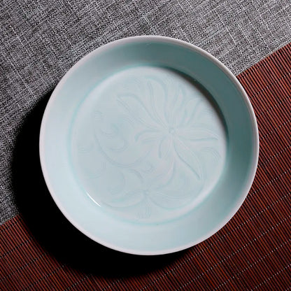 Guanfu Museum: Misty Blue Hand-Drawn Flower Mouth Pot Tray/Fruit Plate Guanfu Museum Jingdezhen Imitation Song Hutian Kiln Tea T