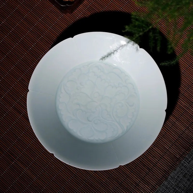 Guanfu Museum: Misty Blue Hand-Drawn Flower Mouth Pot Tray/Fruit Plate Guanfu Museum Jingdezhen Imitation Song Hutian Kiln Tea T