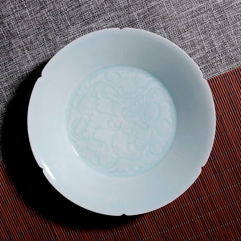 Guanfu Museum: Misty Blue Hand-Drawn Flower Mouth Pot Tray/Fruit Plate Guanfu Museum Jingdezhen Imitation Song Hutian Kiln Tea T