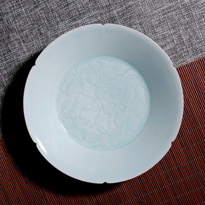 Guanfu Museum: Misty Blue Hand-Drawn Flower Mouth Pot Tray/Fruit Plate Guanfu Museum Jingdezhen Imitation Song Hutian Kiln Tea T