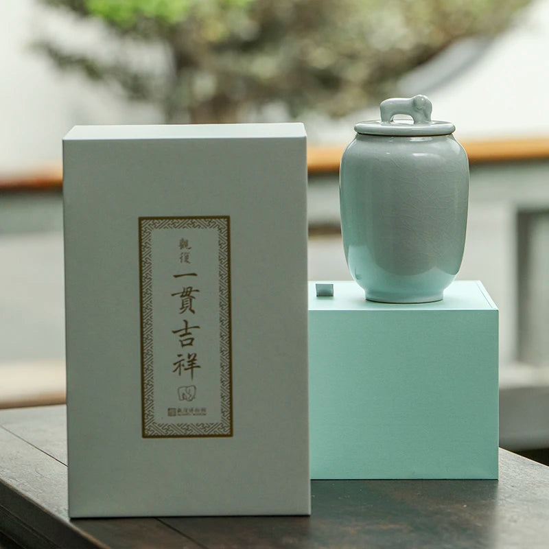 Guanfu Museum Official Glaze Consistent Auspicious Tea Caddy Elephant Auspicious Longquan Pu'er Tea Tea Box Tea Container Tea Ca