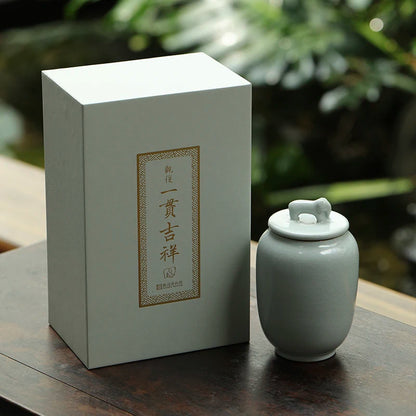 Guanfu Museum Official Glaze Consistent Auspicious Tea Caddy Elephant Auspicious Longquan Pu'er Tea Tea Box Tea Container Tea Ca