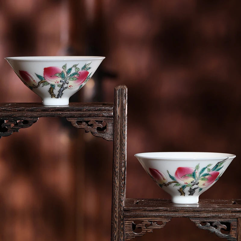 Guanfu Museum Pastel Fu Lu Double Full Couple Cups Jingdezhen Egg-Shell Porcelain Hand Painted White Porcelain Painted Peach Bat