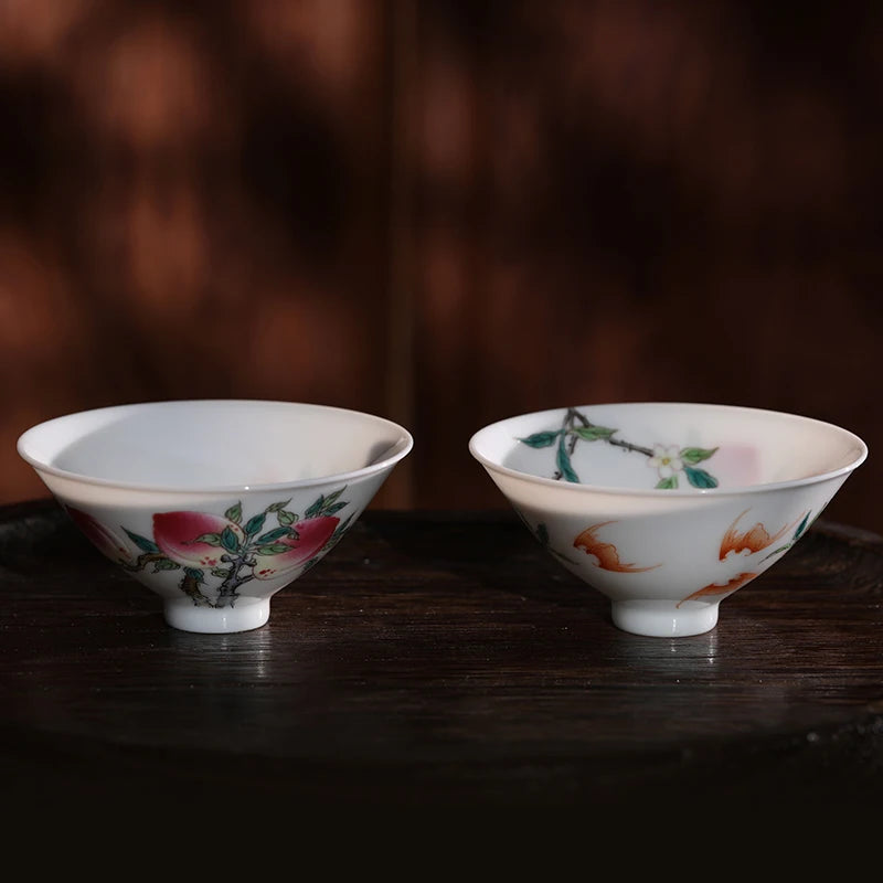 Guanfu Museum Pastel Fu Lu Double Full Couple Cups Jingdezhen Egg-Shell Porcelain Hand Painted White Porcelain Painted Peach Bat