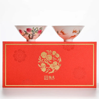 Guanfu Museum Pastel Fu Lu Double Full Couple Cups Jingdezhen Egg-Shell Porcelain Hand Painted White Porcelain Painted Peach Bat