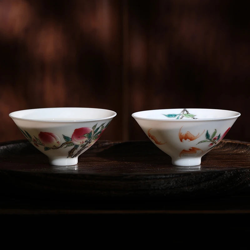 Guanfu Museum Pastel Fu Lu Double Full Couple Cups Jingdezhen Egg-Shell Porcelain Hand Painted White Porcelain Painted Peach Bat
