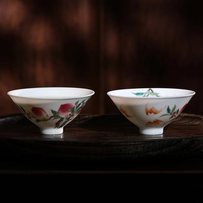 Guanfu Museum Pastel Fu Lu Double Full Couple Cups Jingdezhen Egg-Shell Porcelain Hand Painted White Porcelain Painted Peach Bat