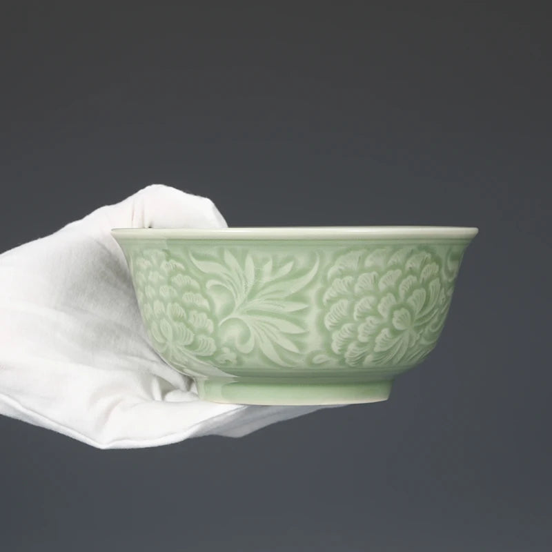Guanfu Museum Peony Celadon Bowl Set Song Ceramic Kiln One Large and One Small Son and Mother Chongyang Old Traditional Soup Noo