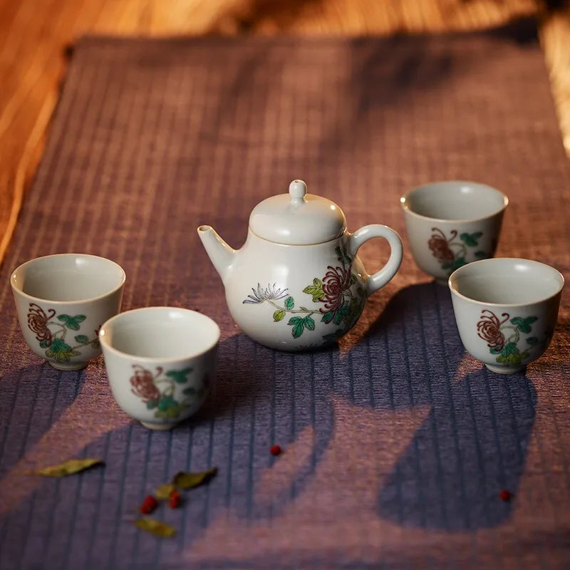 Guanfu Museum Plum Blossoms Orchids Bamboo and Chrysanthemum Four Gentlemen Tea Set Jianshui Jingdezhen Hand Painted Ceramic Kun