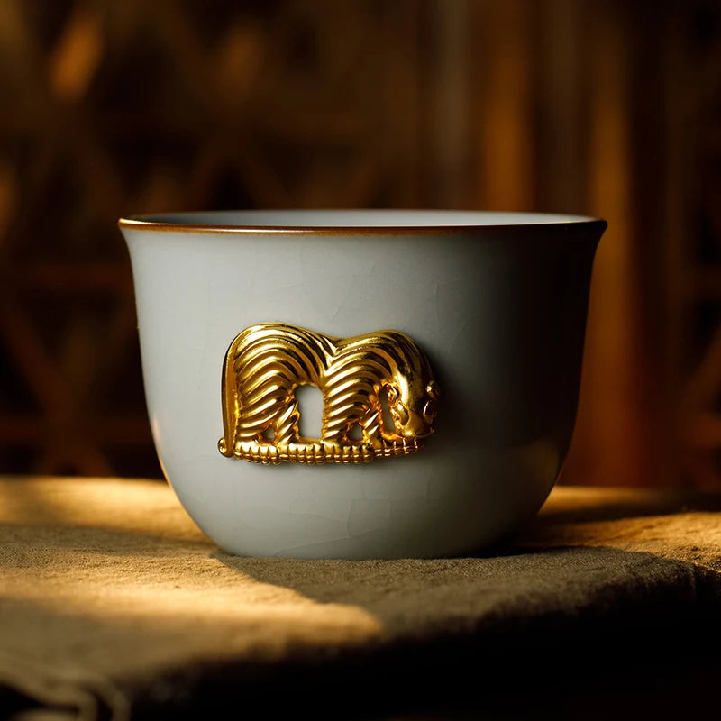 Guanfu Museum Porcelain Golden Tiger Spring Cup Golden Tiger Jirui Jingdezhen Tea Handmade 999 Sterling Silver Large Open Piece